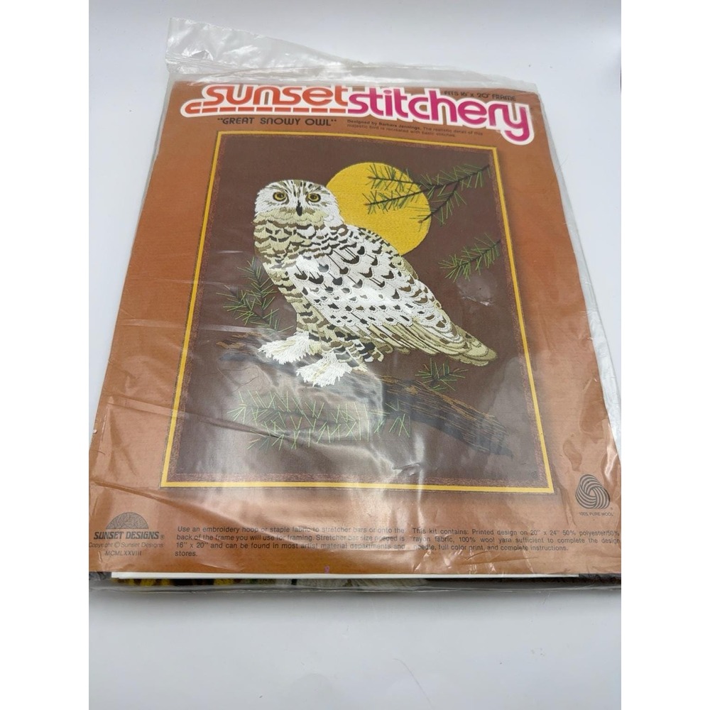 Vintage 1978 Sunset Stitchery Great Snowy Owl Barbara Jennings Crewel Kit 16x20 - Picture 2 of 5